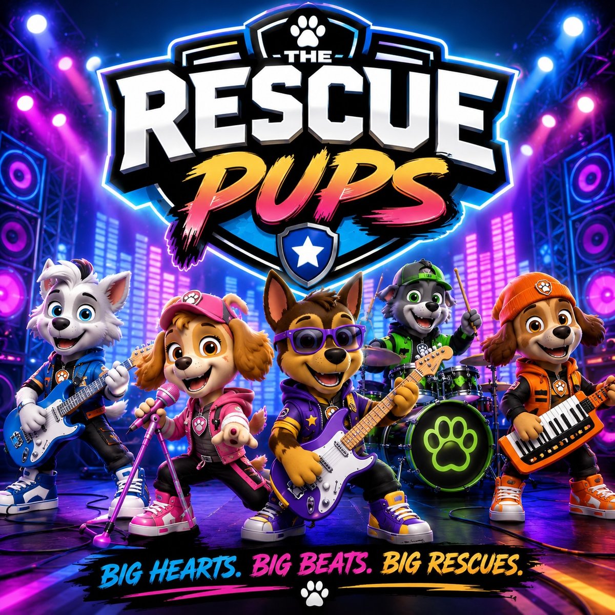 The Rescue Pups — five rescue dogs as a kids rock band on stage